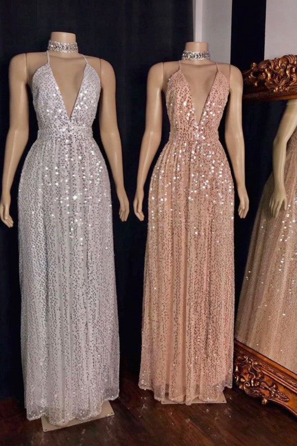 Spaghetti V-neck Polka Sequins Tulle Floor Length Mermaid Prom Dresses-Ballbella