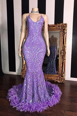 Looking for Prom Dresses, Evening Dresses, Real Model Series in Sequined,  Mermaid style,  and Gorgeous Feathers, Sequined work? Ballbella has all covered on this elegant Spaghetti V-neck Sequins Floor Length Fur Train Mermaid Prom Dresses.
