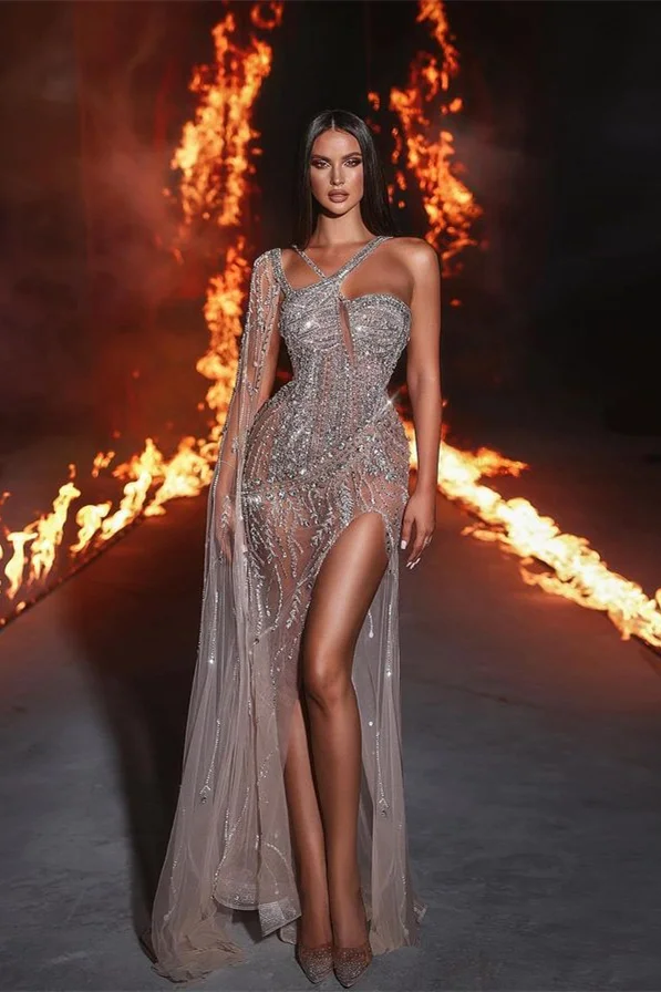 sequin glitter dress Spakle Silver Sparkle Beaded See through High Split Prom Dresses with Cape moody darks m-l back short sequin homecoming How to Choose the Color:Blue Ash