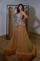 Sparking Bronze Strapless Sleeveless Tulle Prom Dress A-Line Long With Gem-Ballbella