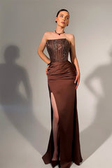 Sparking Chocolate Strapless Mermaid Prom Dresses Sleeveless High Split With Beads-Ballbella