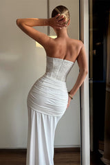 Sparking White Sweetheart Strapless Sleeveless Prom Dress Mermaid Beads Pleats With Zipper-Ballbella