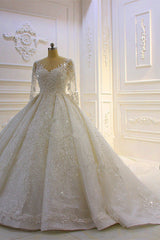 Finding a dress in Tulle, Ball Gown style, and delicate Lace,Beading,Appliques work? Ballbella custom made you this Sparkle 3D Lace Appliques Long Sleevess Church Train Wedding Dress at factory price.