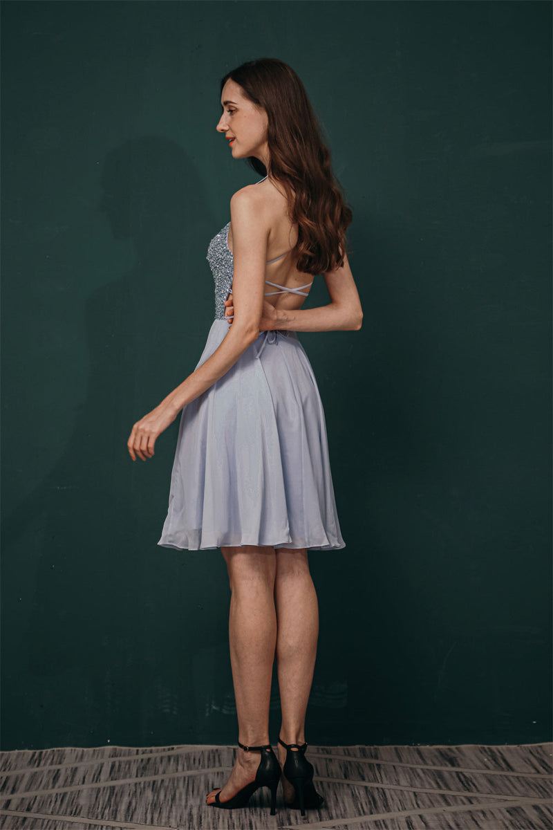 Sparkle Beaded Silver Halter Short Criss-cross Homecoming Dress Ballbella Sparkle Beaded Silver Halter Short Criss-cross Homecoming Dress Ballbella