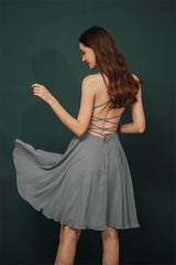 Sparkle Beaded Silver Halter Short Criss-cross Homecoming Dress-Ballbella