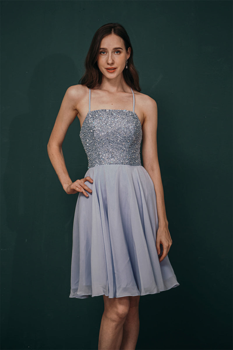 Sparkle Beaded Silver Halter Short Criss-cross Homecoming Dress, Dark Gray / US2 Sparkle Beaded Silver Halter Short Criss-cross Homecoming Dress, Dark Gray / US2