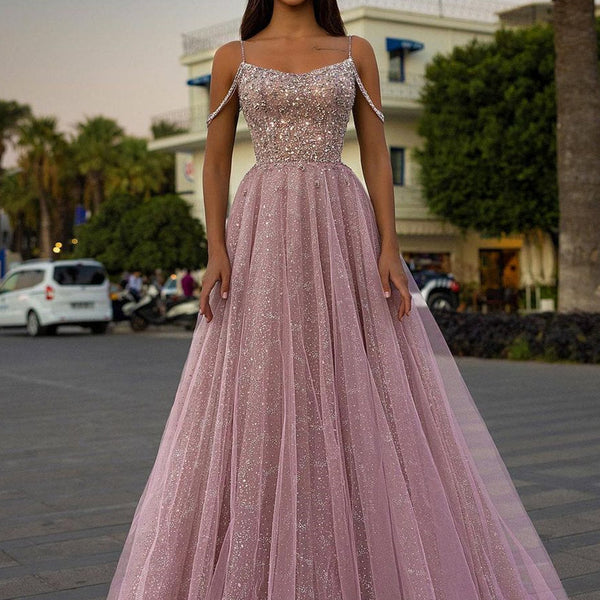 strapless open back dress Sparkle Beaded Spaghetti straps A-line Pink Princess Prom Dress – Ballbella