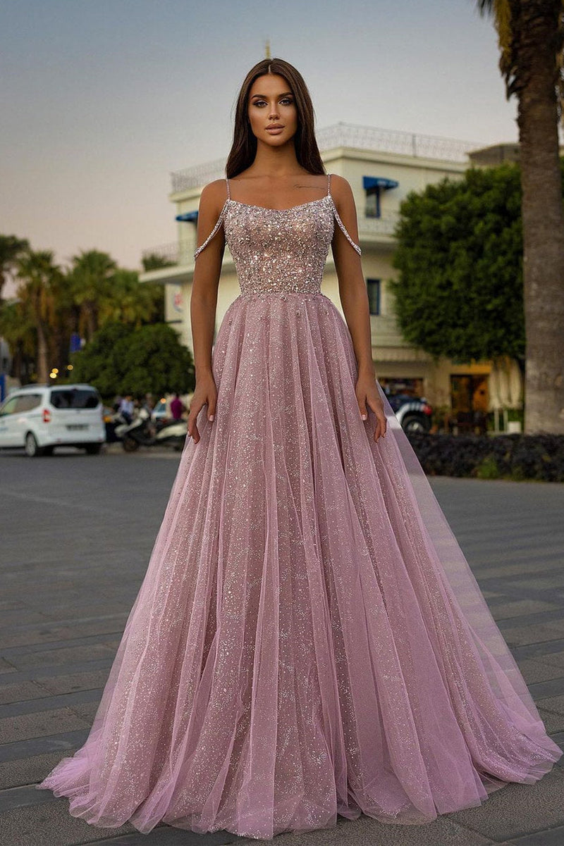 Sparkle Beaded Spaghetti Straps A-Line Pink Princess Prom Dress Sparkle Beaded Spaghetti Straps A-Line Pink Princess Prom Dress