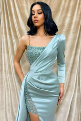 Sparkle Beads One shoulder Long sleeves Sequin High Split Long Prom Dress-Ballbella