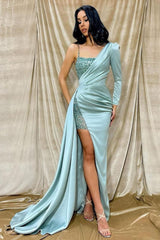 Sparkle Beads One shoulder Long sleeves Sequin High Split Long Prom Dress-Ballbella