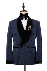 Sparkle Dark Navy Black Shawl Lapel Double Breasted Wedding Suits-Ballbella
