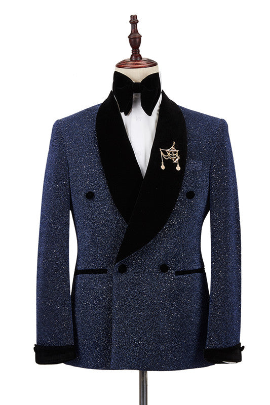 Sparkle Dark Navy Black Shawl Lapel Double Breasted Wedding Suits-Ballbella
