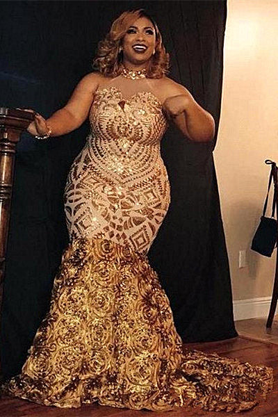 Ballbella offers Sparkle Golden Sequined High neck Plus size Mermaid Prom Party Gowns with Flower Train at a cheap price from Sequined to Mermaid Floor-length hem. Gorgeous yet affordable Sleeveless Prom Dresses.