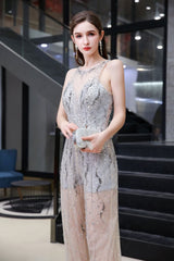 Looking for Prom Dresses, Evening Dresses, Homecoming Dresses, Quinceanera dresses in Tulle, Sequined, Lace,  style,  and Gorgeous Lace, Beading, Crystal, Sequined work? Ballbella has all covered on this elegant Sparkle Illusion High neck See-through Prom Jumpsuit.