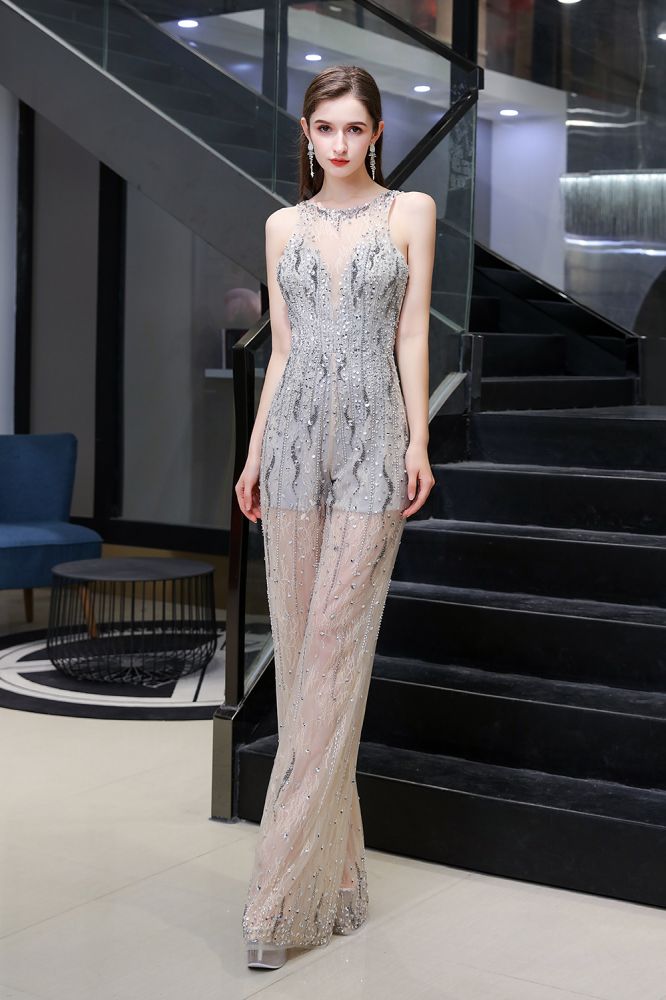 Looking for Prom Dresses, Evening Dresses, Homecoming Dresses, Quinceanera dresses in Tulle, Sequined, Lace,  style,  and Gorgeous Lace, Beading, Crystal, Sequined work? Ballbella has all covered on this elegant Sparkle Illusion High neck See-through Prom Jumpsuit.