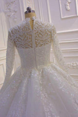 Sparkle Lace Ball Gown High Neck Tull Long Sleevess Wedding Dress-Ballbella