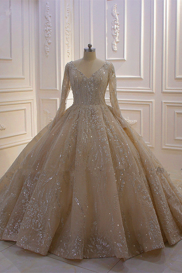 Sparkle Lace Long Sleevess Champange Luxurious corset Wedding Dress-Ballbella