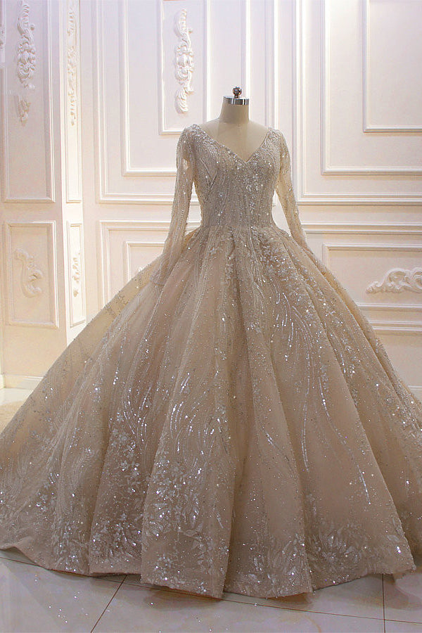 Sparkle Lace Long Sleevess Champange Luxurious corset Wedding Dress-Ballbella