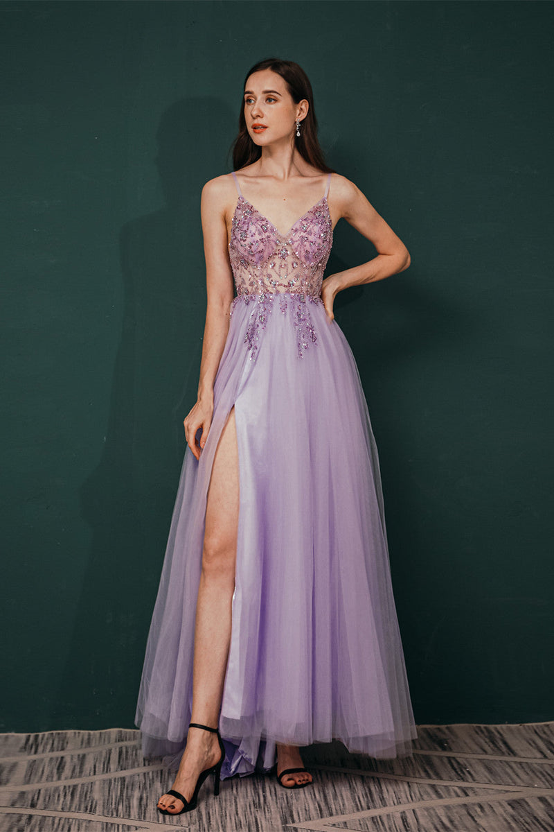 Sparkle Lilac Tulle High-split Spaghetti Strap Prom Dress, Lilac / US2