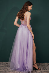 Sparkle Lilac Tulle High-split Spaghetti Strap Prom Dress-Ballbella