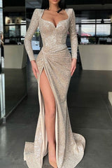 Sparkle Long sleeves Sweetheart Sequin Mermaid High split Prom Dresses-Ballbella