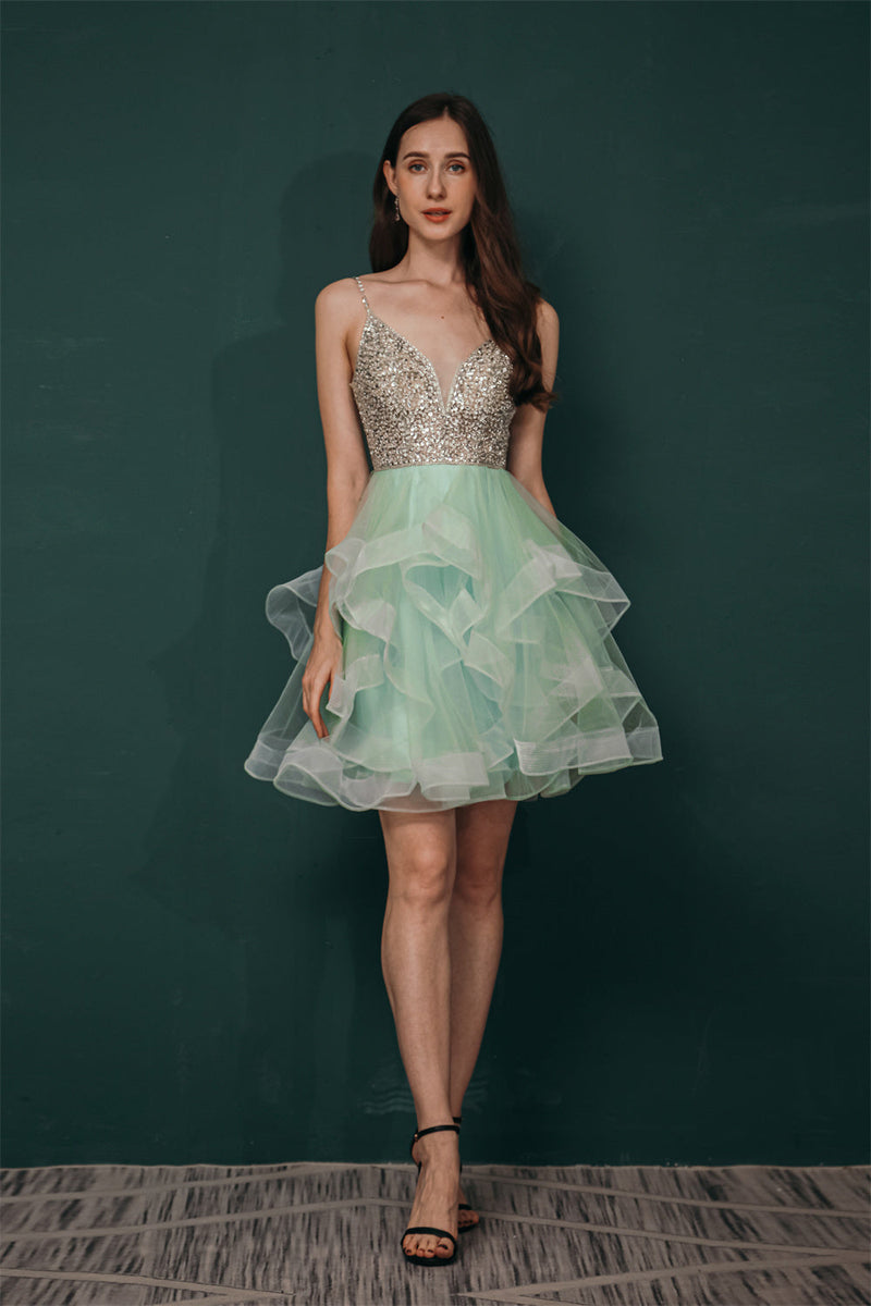 Sparkle Mint Green Spaghetti Strap Beaded Homecoming Dress, Green / US2 Sparkle Mint Green Spaghetti Strap Beaded Homecoming Dress, Green / US2