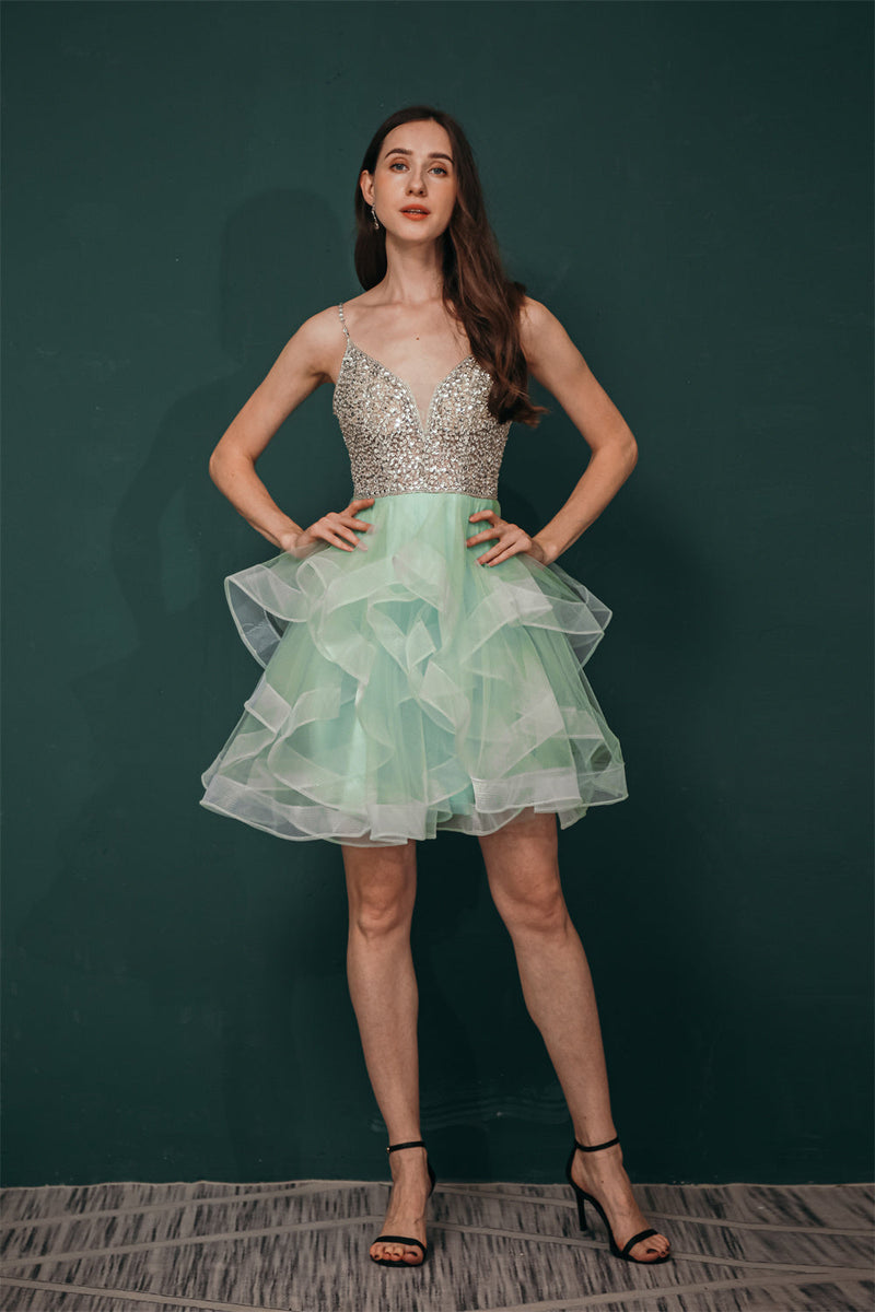 Sparkle Mint Green SPAGHETTI STRAP Beaded Homecoming Dress-Ballbella
