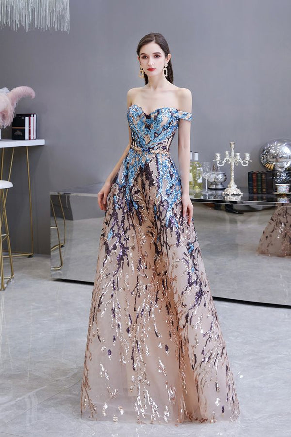 Sparkle Off-the-Shoulder Rainbow sequin A-line Long Prom Party Gowns Sparkle Off-the-Shoulder Rainbow sequin A-line Long Prom Party Gowns