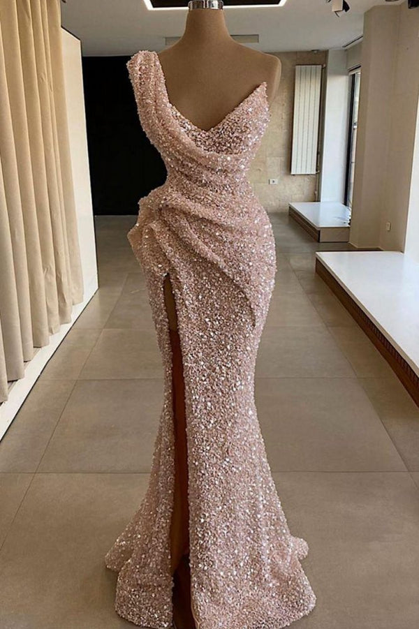 Sparkle One shoulder Sleeveless Sequined Mermaid Prom Party Gowns-Ballbella
