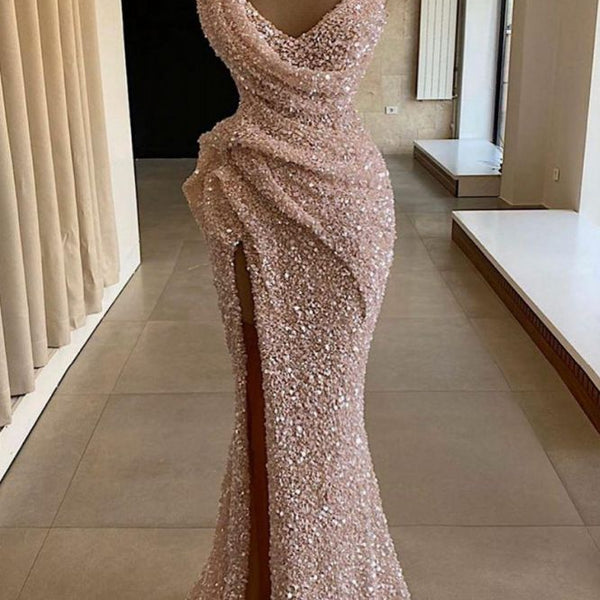 Trumpet/Mermaid One-Shoulder Sleeveless Sweep Train Lustrous Velvet Sequins Dress