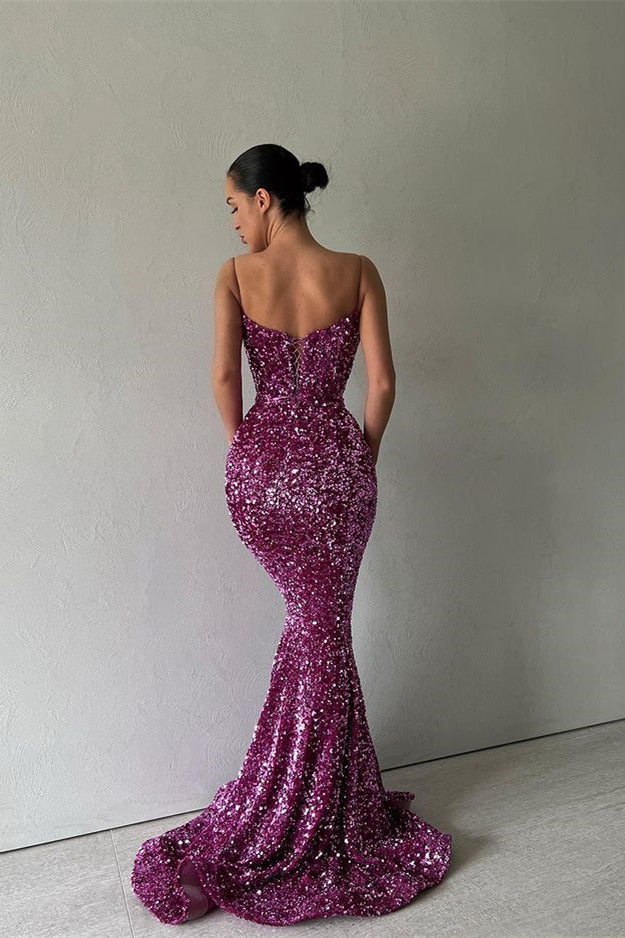 Sparkle Purple Spaghetti Strap Sequin Mermaid Long Prom Dresses-Ballbella
