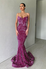 Sparkle Purple Spaghetti Strap Sequin Mermaid Long Prom Dresses-Ballbella