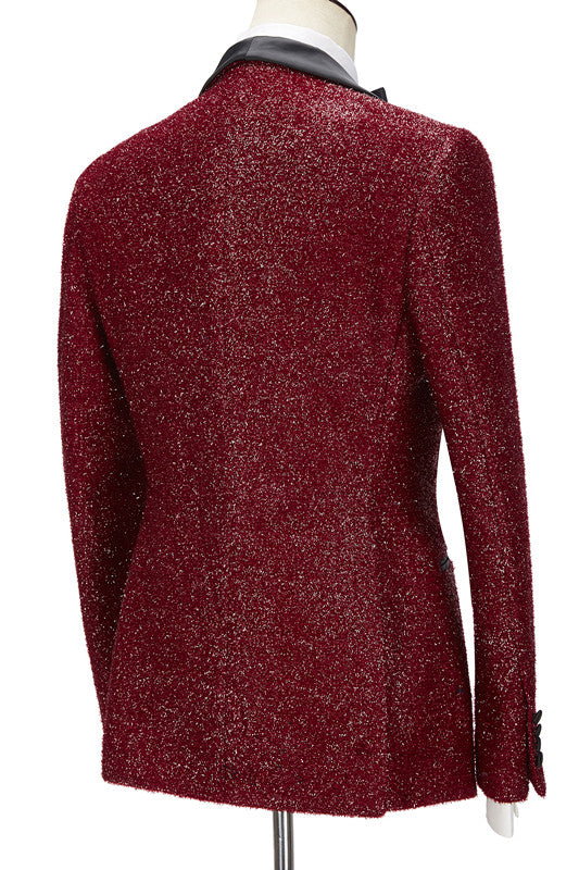 Sparkle Red Three Pieces Wedding Suits with Black Shawl Lapel-Ballbella