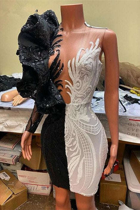 Sparkle Sequin Black and white Short Prom Dress | Trendy Homecoming Dress-Ballbella