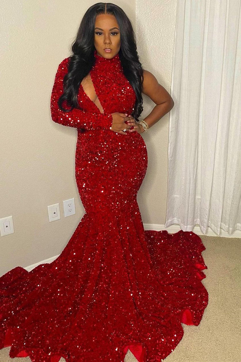 Sparkle Sequin Burgundy High neck Asymmetric Cut Mermaid Prom Dress Sparkle Sequin Burgundy High neck Asymmetric Cut Mermaid Prom Dress