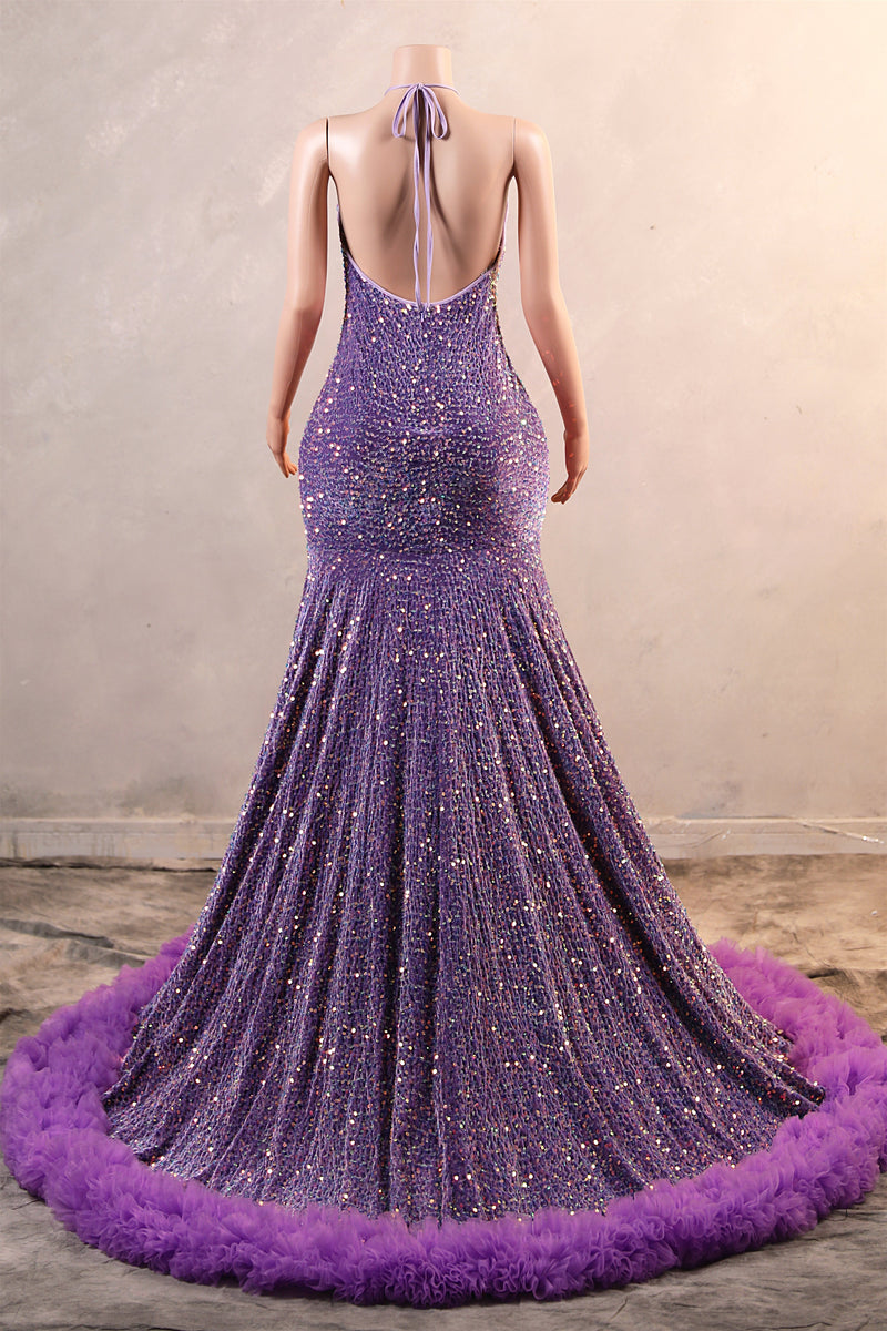 Sparkle Sequin Purple Halter V-neck Sleeveless Feathers Prom Dresses – Ballbella Sparkle Sequin Purple Halter V-neck Sleeveless Feathers Prom Dresses – Ballbella
