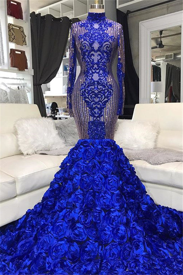 Ballbella offers Sparkle Sequins Blue Flowers Fit and Flare Prom Dresses Appliques High Neck Long Sleeves Evening Gowns On Sale at an affordable price from to Mermaid skirts. Shop for gorgeous  collections for your big day.