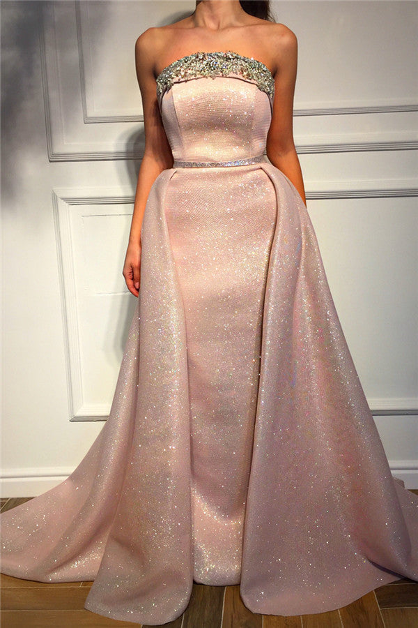 Discover your sparkle pink sequins beadings long prom dresses at Ballbella,  making you look glam in the prom party,  Sparkle Sequins Strapless Pink Prom Party Gowns| Fantastic Sleeveless Beading Long Prom Party Gowns available in full size range.
