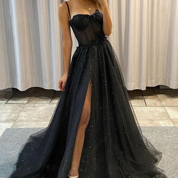 Sparkle Spaghetti strap Black A-line Princess Tulle Prom Dress