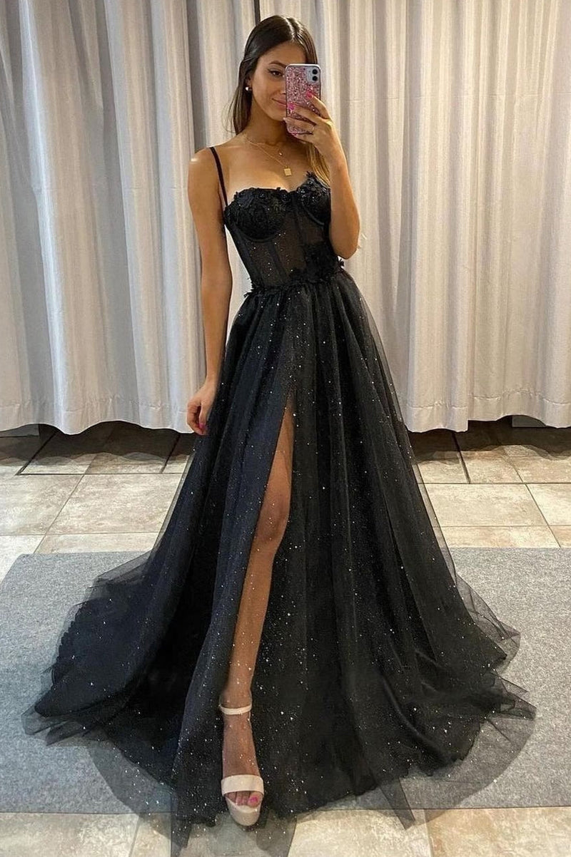 Sparkle Spaghetti strap Black A-line Princess Tulle Prom Dress-Ballbella