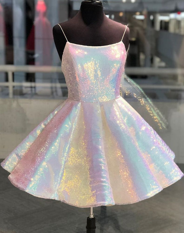 Ballbella offer you Charming cute Sparkle Spaghetti Straps Sleeveless Homecoming Dress A Line Sequins Short Mini Cocktail Dress at lowest price,  free shipping & fast delivery worldwide,  shop your favorite lovely homecoming dresses today.