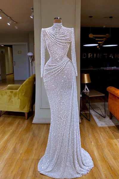 Sparkle White Sequin Long sleeves Pleated Long Prom Dress Ballbella Sparkle White Sequin Long sleeves Pleated Long Prom Dress Ballbella