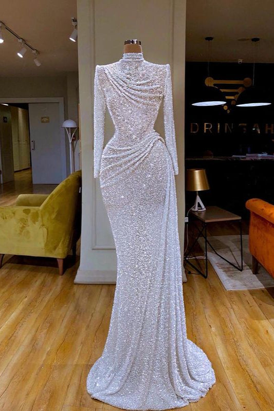 Sparkle White Sequin Long sleeves Pleated Long Prom Dress-Ballbella