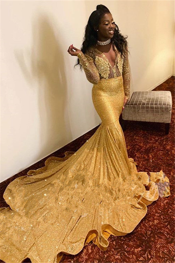 Ballbella offers Sparkling Appliques Fit and Flare Prom Dresses Alluring Chic V-neck Gold Long Sleeves Evening Gowns On Sale at an affordable price from to Mermaid skirts. Shop for gorgeous  collections for your big day.