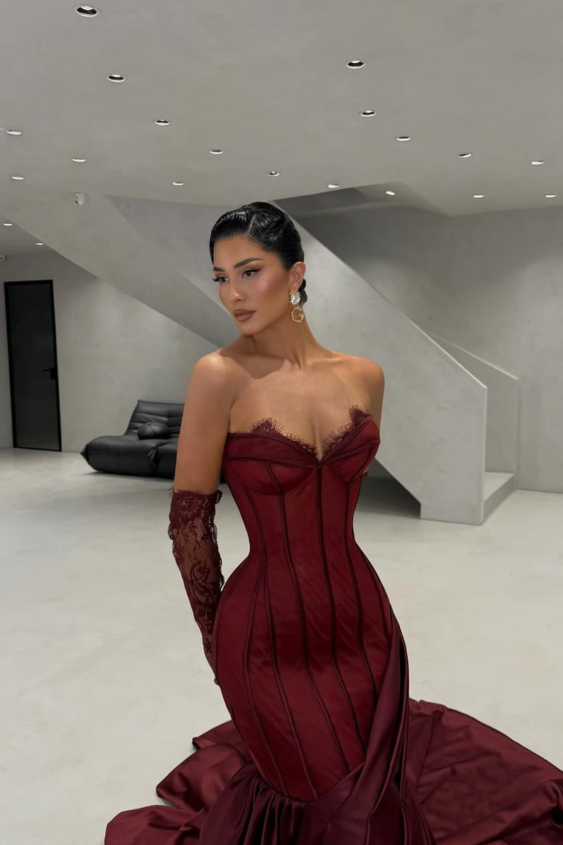 Sparkling Burgundy Sweetheart Strapless Satin Prom Dress Mermaid Sheath With Gloves Sparkling Burgundy Sweetheart Strapless Satin Prom Dress Mermaid Sheath With Gloves