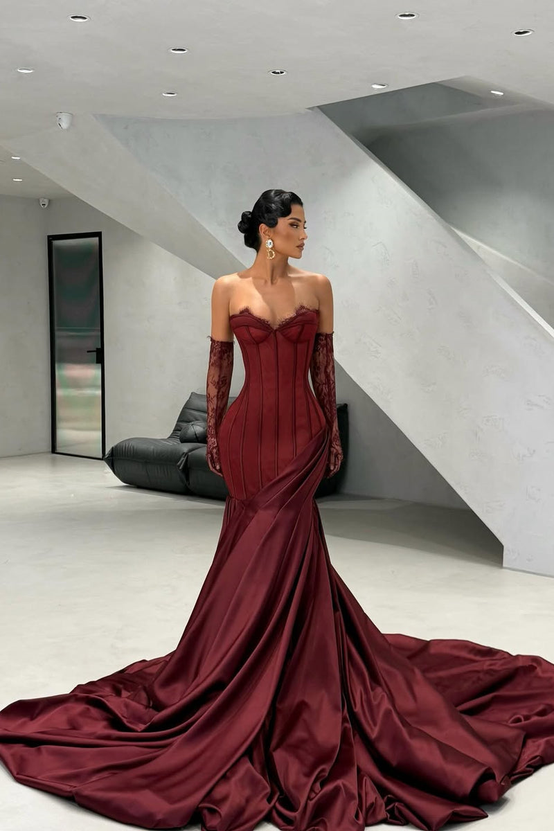 Sparkling Burgundy Sweetheart Strapless Satin Prom Dress Mermaid Sheath with Gloves