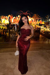 Sparkling Burgundy Sweetheart Strapless Sleeveless Sequins Prom Dress Mermaid Column On Sale-Ballbella