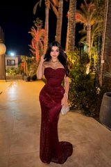Sparkling Burgundy Sweetheart Strapless Sleeveless Sequins Prom Dress Mermaid Column On Sale-Ballbella