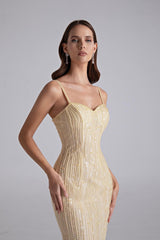 Sparkling Daffodil Spaghetti-Strap Sleeveless Prom Dress Mermaid Beading With Zipper-Ballbella