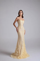 Sparkling Daffodil Spaghetti-Strap Sleeveless Prom Dress Mermaid Beading With Zipper-Ballbella